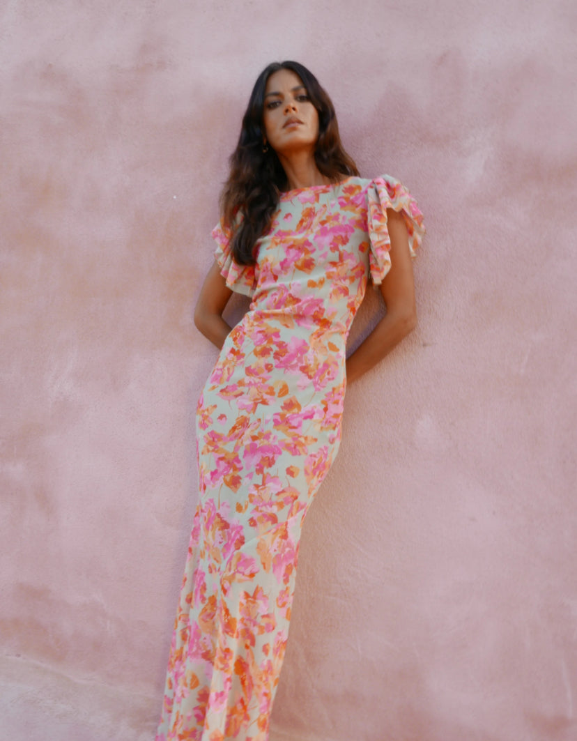 De La Vali BOUGAINVILLEA Chiffon Maxi Dress In Sage Floral – Taite Ro