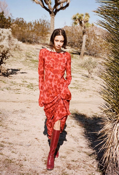 Realisation Par ワンピース XS The GIA HAVANA The Gia Havana | Long Sleeve Red Floral Silk Maxi Dress
